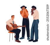 Blues band or artists vector poster. Isolated group of musicians performing music with concert instruments. Harmonica and acoustic guitar, vocalist entertainment. Stage melody and live sound. Ensemble