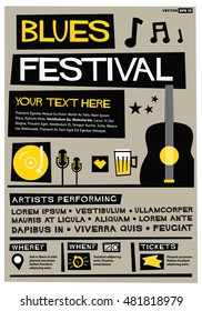 Blues Festival (Flat Style Vector Illustration Quote Poster Design) Event Invitation with Venue, Artist, Ticket and Time Details