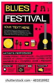 Blues Festival (Flat Style Vector Illustration Quote Poster Design) Event Invitation with Venue, Artist, Ticket and Time Details