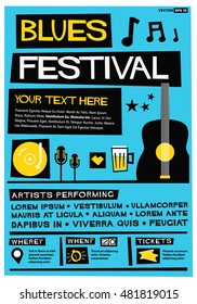 Blues Festival (Flat Style Vector Illustration Quote Poster Design) Event Invitation with Venue, Artist, Ticket and Time Details