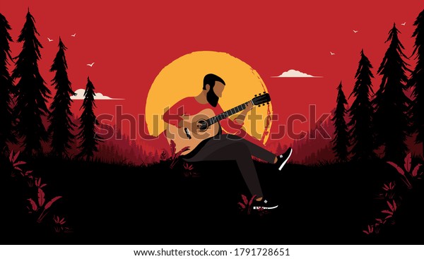 Blues guitar player in nature wilderness -\
Ethnic man playing instrument in nature landscape with dramatic red\
sky, trees and mountains. Playing American music concept. Vector\
illustration.