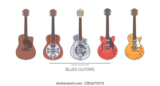 Blues guitar set. Outline colorful guitars on white background. Vector illustration.