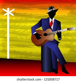 Blues Guitarist at the Crossroads, Vector Background for a Concert Poster or Flyer