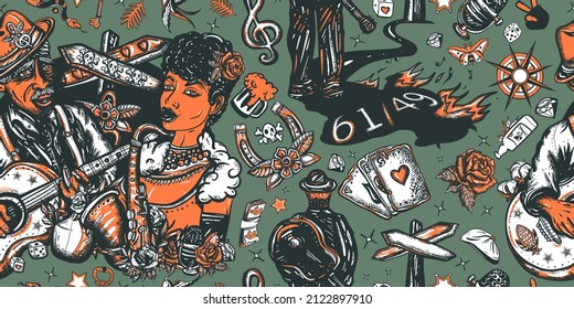 Blues and jazz. Music pattern. Elderly Afro American bluesman playing slide guitar. Musical legend. Beautiful black woman and saxophone. Old school tattoo style 