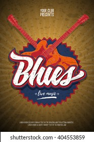 Blues Live Music Party Flyer Vintage Grunge Background With Guitars. Vector Illustration. Eps10