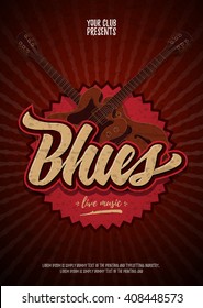 Blues live music party flyer vintage grunge background with guitars. Vector illustration. Eps10