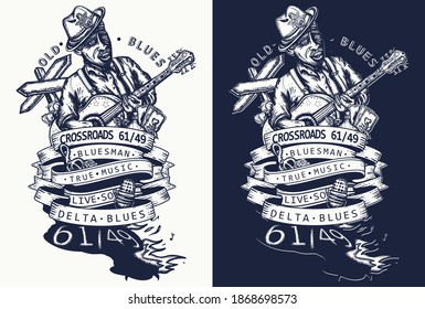 Blues music art. Musical legend, crossroads 61 49 and devil. Elderly Afro American bluesman playing slide guitar. Tattoo and t-shirt design. One color vector concept 