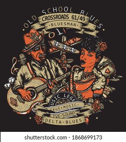 Música azul. Hermosa mujer de jazz negra, saxofón. Diseño de tatuajes y camisetas. Afiche musical. Cruces de leyenda 61 49 y diablo. Anciano atleta afroamericano tocando guitarra con tobogán