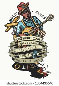 Blues music concept. Elderly Afro American bluesman playing slide guitar. Tattoo and t-shirt design. Musical legend, crossroads 61/49 and devil