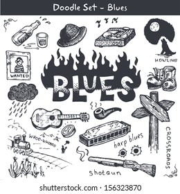 Blues Music Icon Set. Doodle Style.