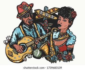 Blues music. Musical legend, crossroads 61 49 and devil. Beautiful black jazz woman, saxophone. Tattoo and t-shirt design. Elderly Afro American bluesman playing slide guitar 