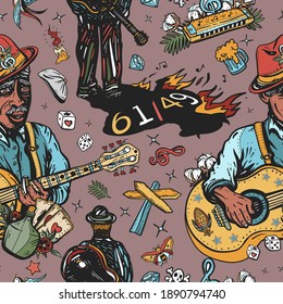 Blues music pattern. Old school tattoo style. Elderly Afro American musician, bluesman goes along the road, slide guitar. Crossroads and devil. Musical art