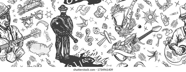 Blues music seamless pattern. Elderly Afro American bluesman goes along the road, slide guitar, saxophone. Musical legend. Crossroads 61/49 and devil. Old school tattoo style