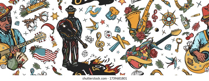 Blues music seamless pattern. Old school tattoo style. Elderly Afro American musician, bluesman goes along the road, slide guitar, saxophone. Crossroads 61 49 and devil. Musical legend 