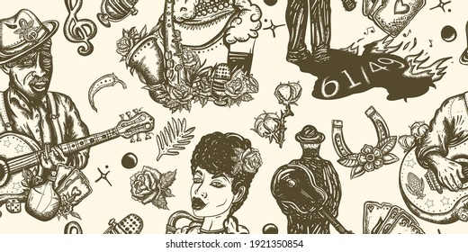 Blues music seamless pattern. Old school tattoo style. Elderly Afro American bluesman playing slide guitar. Musical legend. Crossroads and devil. Beautiful black jazz woman and saxophone 
