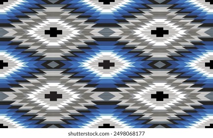 Blues navajo Ethnic South Western decor style. Boho geometric ornament. Vector seamless pattern. Mexican blanket, rug. Woven carpet illustration