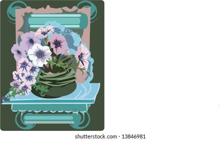 Blues purples flower bouquet on blue table