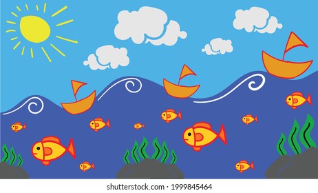 in the blues sea and many fish