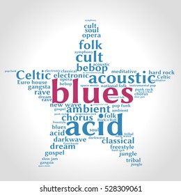 Blues. Word cloud, five-pointed star, gradient grey background. Music concept.	