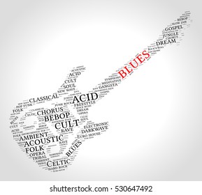 Blues. Word cloud, guitar, gradient grey background. Music concept.	
