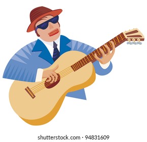 Bluesman with his guitar in a typical playing pose