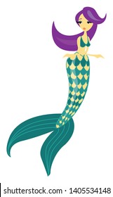 Blue-tailed bra-wearing woman mermaid turned to her left looks worried in her long flowing purple hair while hands crossed in front of her, vector, color drawing or illustration. 