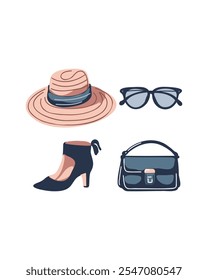 Accessoires zum Thema Blau: Handtasche, Hut, Schuhe mit hohen Absätzen und Brille, stilvoll und zusammenhängend