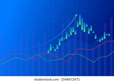 Diseño de temática azul que destaca el crecimiento del mercado de valores con candelabros y gráficos de líneas, enfatizando las tendencias financieras y el movimiento ascendente. Concepto de economía, análisis financiero, negocios