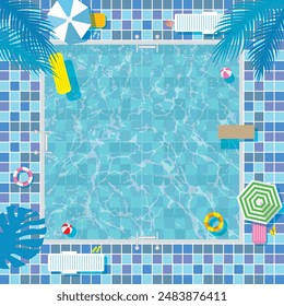 Blue-tile swimming pool top view background with palm trees and parasols
