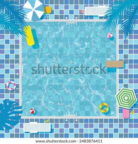 Blue-tile swimming pool top view background with palm trees and parasols