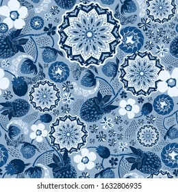 A blue-tinted vision inspired by timeless and serene pick for 2020 color of the year combines geometric and floral elements. The calming elegant monochromatic blue colours look good on any product.