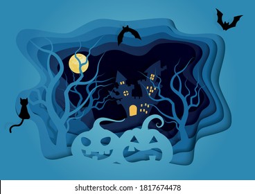 Bluetone layered cut out paper effect in Halloween night scene