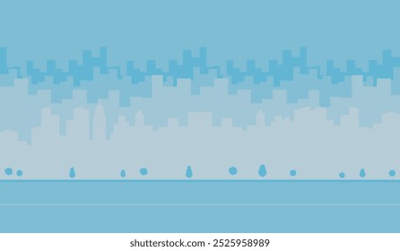 Un horizonte de la ciudad en tonos azules. Ilustración vectorial con un paisaje urbano con impresionantes edificios altos, rascacielos, oficinas y varias estructuras inmobiliarias en una bulliciosa metrópolis.