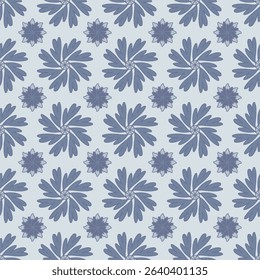 Blue-toned floral pattern featuring symmetrical leaf-like blooms on a soft cream base. A cool, balanced design great for fabrics, wallpapers, or paper goods.