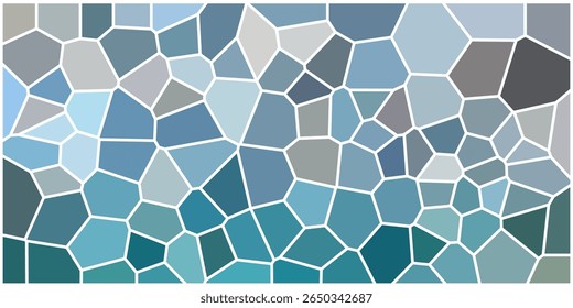 Blue-toned mosaic pattern with irregular geometric shapes, resembling stained glass with white borders and a cool, calming color palette.

