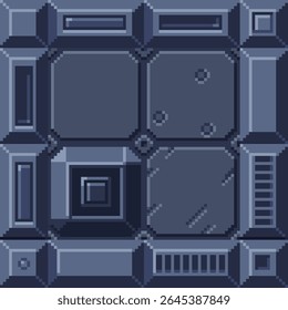 Blue-toned pixel art tile grid with futuristic technology elements, metallic panels, vents, and mechanical details. Ideal for space levels, game UI, or cyberpunk retro game environments.
