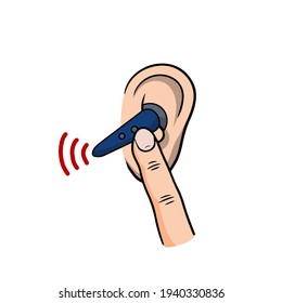 Bluetooth en la oreja. Conversación con el servicio de soporte. El dedo presiona el botón. Ilustración de dibujos animados. Dispositivo móvil para tecnología manos libres