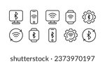 Bluetooth and Wi-Fi icons. Outline, Bluetooth on the screen, Wi-Fi on the screen, computer screen. Vector icons
