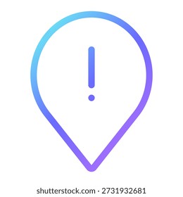 A blue-to-purple gradient location pin icon with an exclamation mark in the center, symbolizing important location alert, warning at this spot, critical point of interest, urgent notification pin, or 'pay attention here' marker.