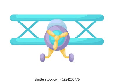 Blue-violet airplane on white background. Cartoon transport for kids cards, baby shower, birthday invitation, house interior. Bright colored childish vector illustration in cartoon style.
