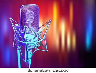 blue-violet microphone on a bright multi-colored background - vector image. A shiny metallic microphone of blue color is surrounded by colored light spots similar to lighting a disco, concert or stage