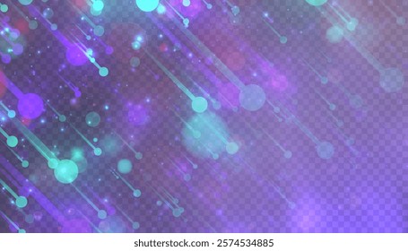 Blue-violet particle flow on transparent background with neon light effect elements symbolizing artificial intelligence, big data and networking.