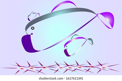 blue-violet-white fish large and two small and starfish, underwater world