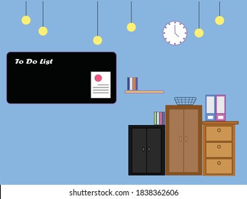 Blue-walled office room decorated with light bulbs and file cabinets.