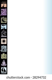 blue-white background with tourism symbols in different colors on the left