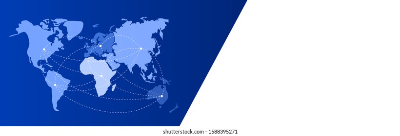 Blue-white banner. World map with continents on blue. North and South America, Europe, Africa, Asia, Australia. Continental nodes linked by lines. Global communication theme. Place for text on white