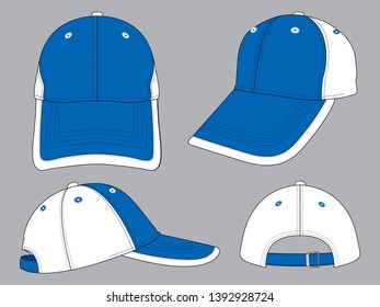 Blue-White Baseball Cap With Adjustable Metal Buckle Closure Strap Design on Gray Background, Vector File.