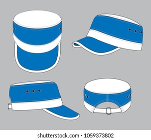 Blue-White Cadet Military Cap With Slide Buckle Strap Design On Gray Background.