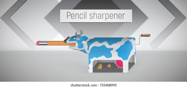 The blue-white cow in the form of a sharpener stands with a pencil in his mouth. Pencil with a rubber band on the end.