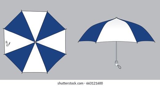 Blue-White Foldable Umbrella Design on Gray Background, Vector File.